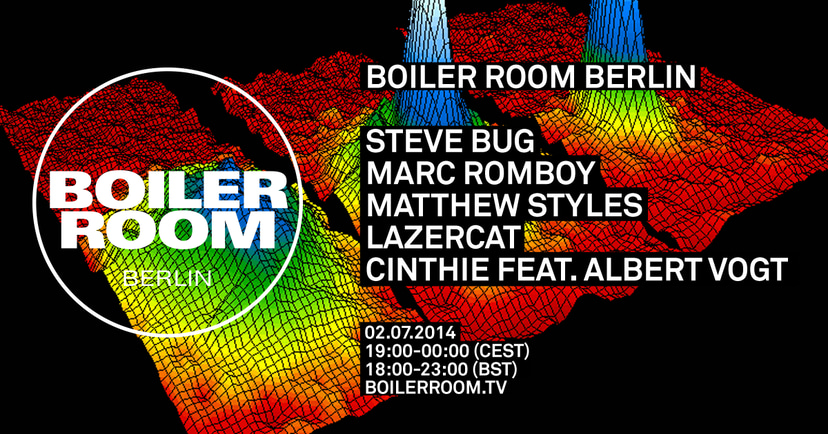 Flyer for event Berlin: Steve Bug, Marc Romboy, Matthew Styles, Lazercat, Cinthie ft. Albert Vogt.